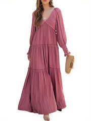 Women's Long Sleeve V Neck Boho Flowy Maxi Dresses