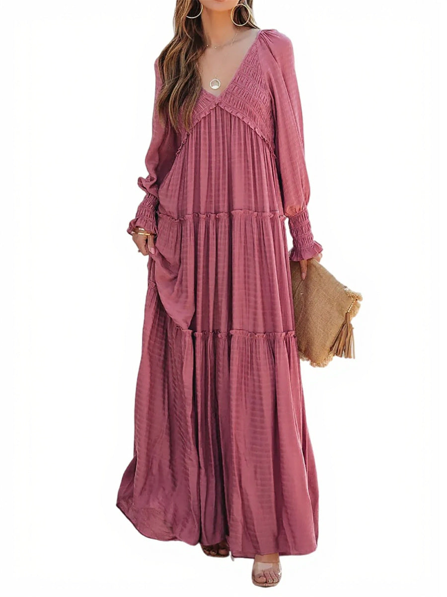 Women's Long Sleeve V Neck Boho Flowy Maxi Dresses