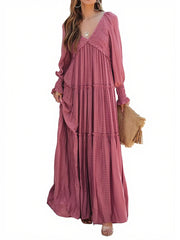 Women's Long Sleeve V Neck Boho Flowy Maxi Dresses
