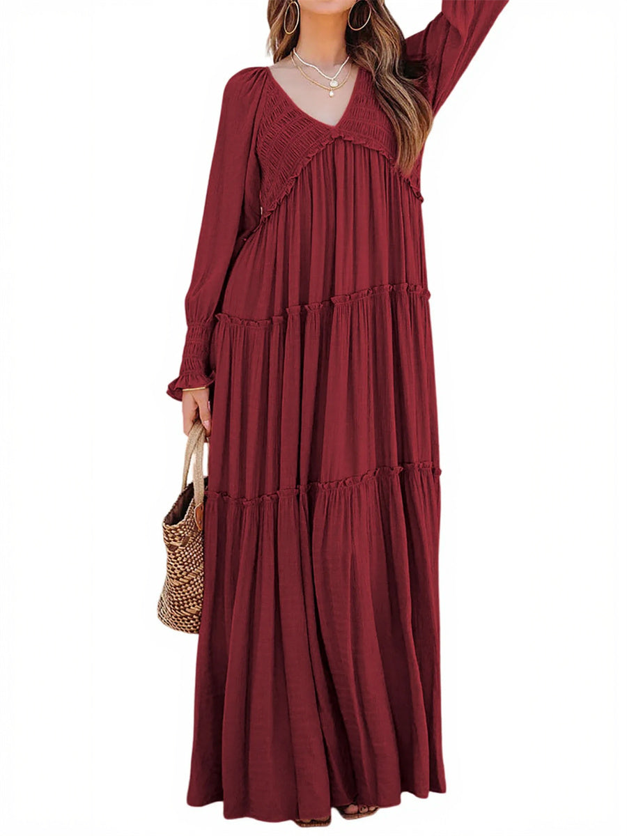 Women's Long Sleeve V Neck Boho Flowy Maxi Dresses