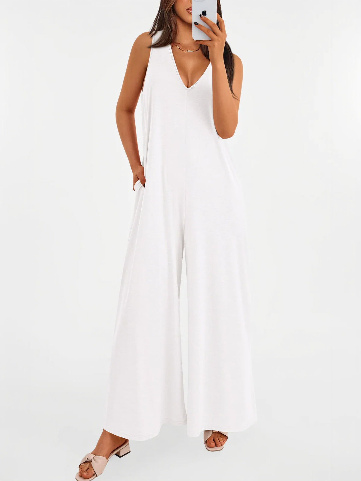 Women's Casual Wide Strap Sleeveless Tank Top V Neck Wide Leg Jumpsuit