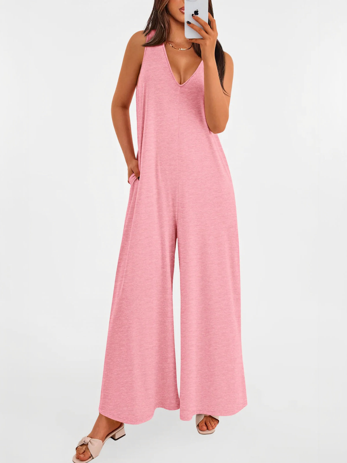 Women's Casual Wide Strap Sleeveless Tank Top V Neck Wide Leg Jumpsuit