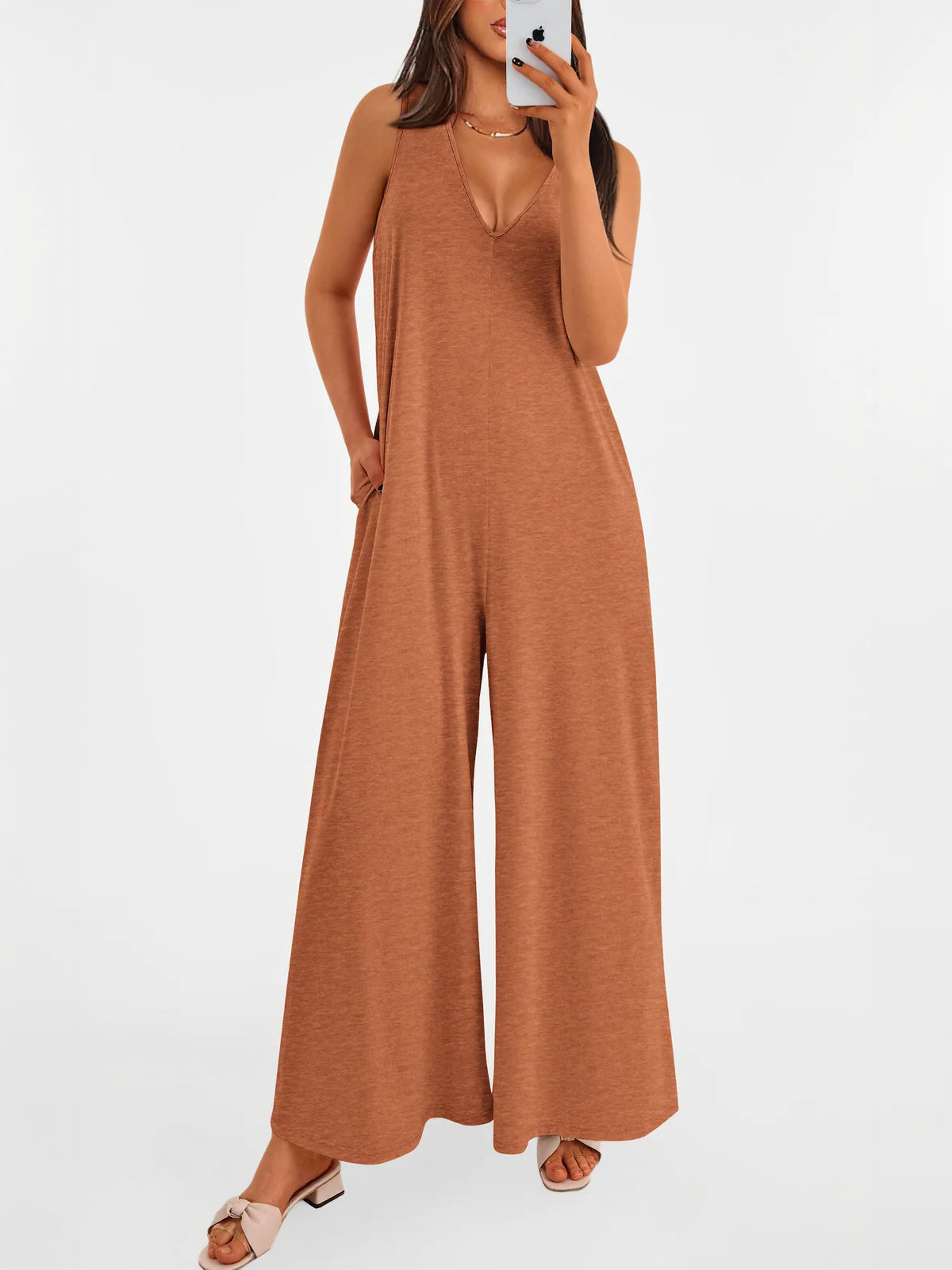 Women's Casual Wide Strap Sleeveless Tank Top V Neck Wide Leg Jumpsuit