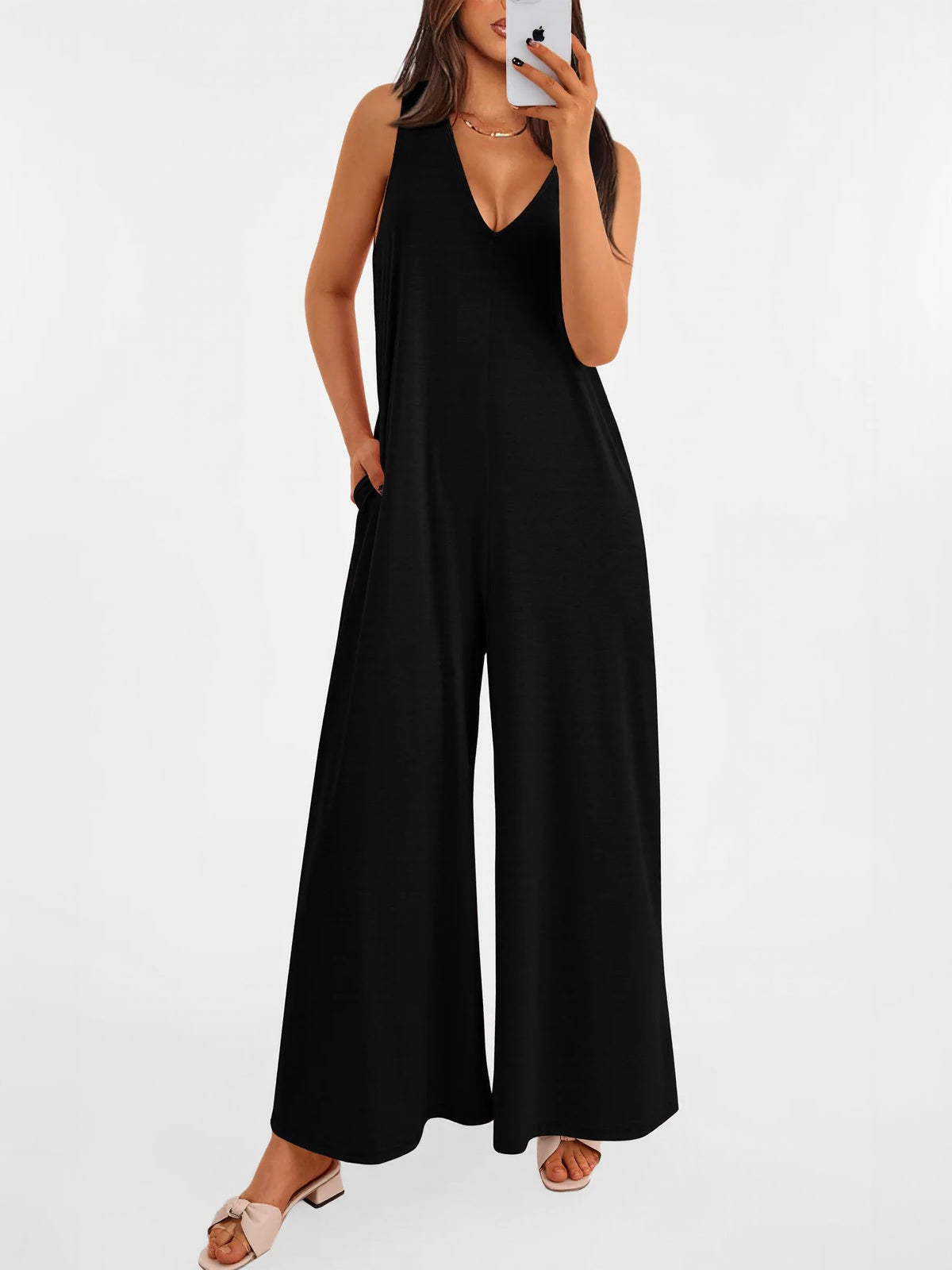 Women's Casual Wide Strap Sleeveless Tank Top V Neck Wide Leg Jumpsuit