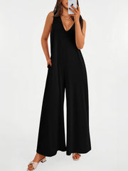 Women's Casual Wide Strap Sleeveless Tank Top V Neck Wide Leg Jumpsuit