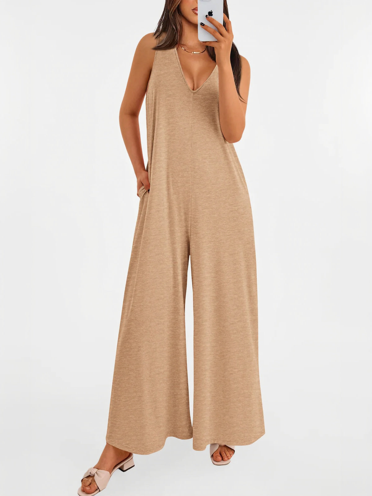Women's Casual Wide Strap Sleeveless Tank Top V Neck Wide Leg Jumpsuit