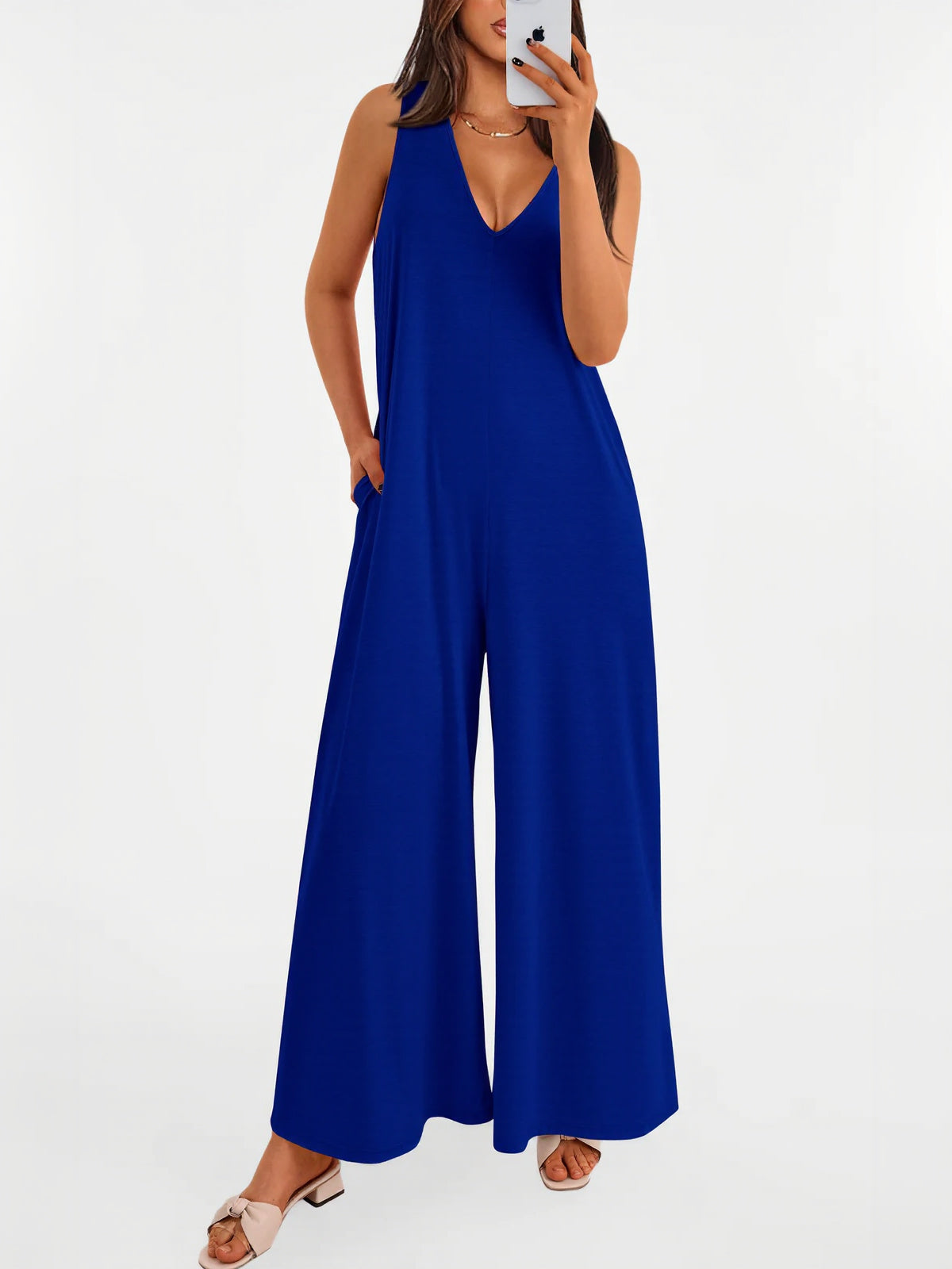 Women's Casual Wide Strap Sleeveless Tank Top V Neck Wide Leg Jumpsuit