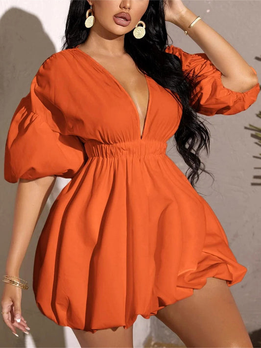 Women's Deep V-Neck Puffy Sleeve Elasticated High Waist Flared Dress