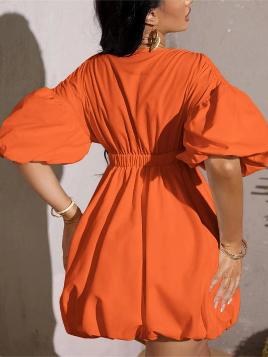 Women's Deep V-Neck Puffy Sleeve Elasticated High Waist Flared Dress