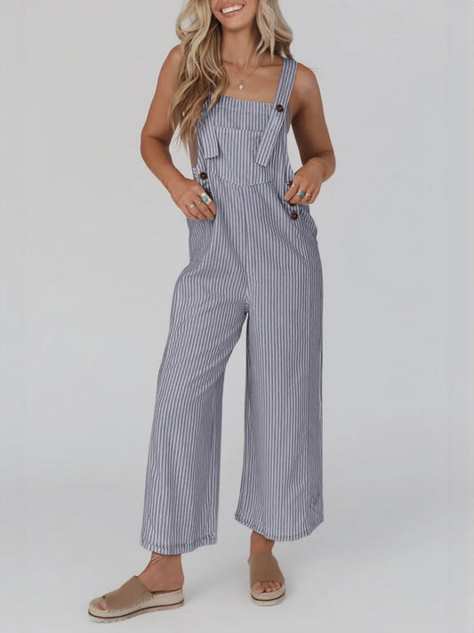 Women's Button Striped Wide Leg Jumpsuit