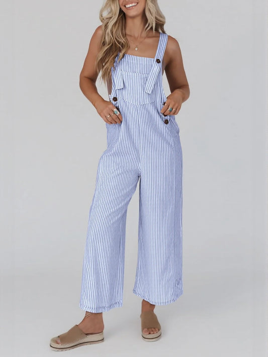 Women's Button Striped Wide Leg Jumpsuit