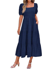 Puff Sleeve Smocked Flowy  Midi Dress