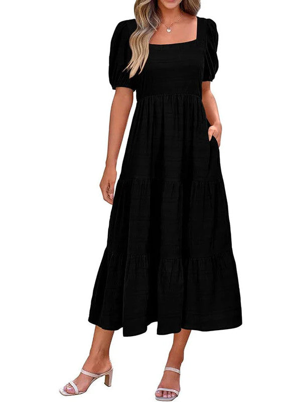 Puff Sleeve Smocked Flowy  Midi Dress
