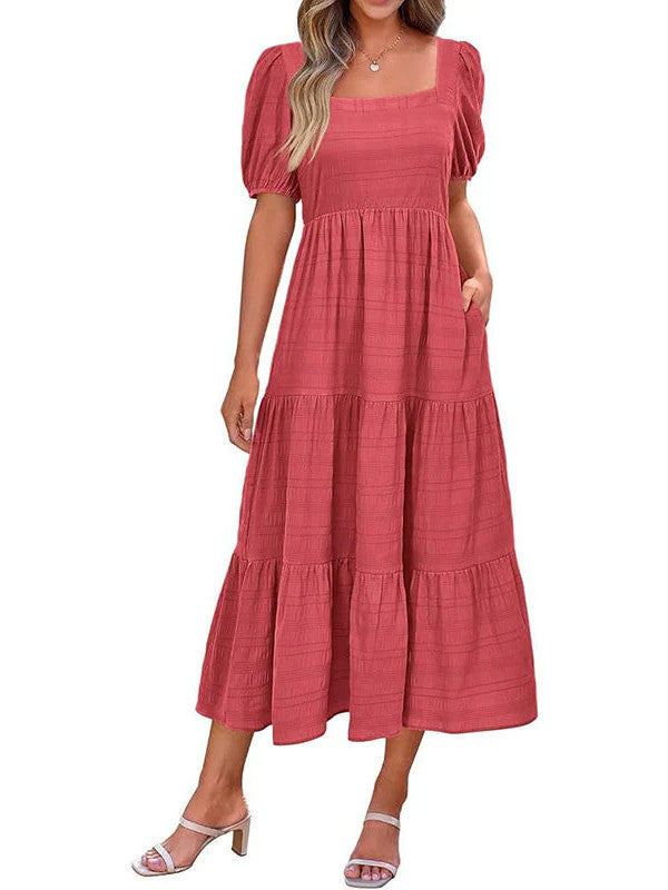 Puff Sleeve Smocked Flowy  Midi Dress