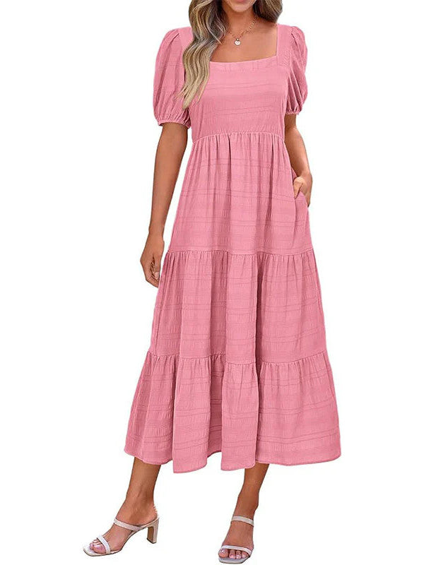 Puff Sleeve Smocked Flowy  Midi Dress