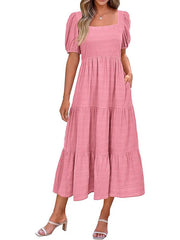 Puff Sleeve Smocked Flowy  Midi Dress