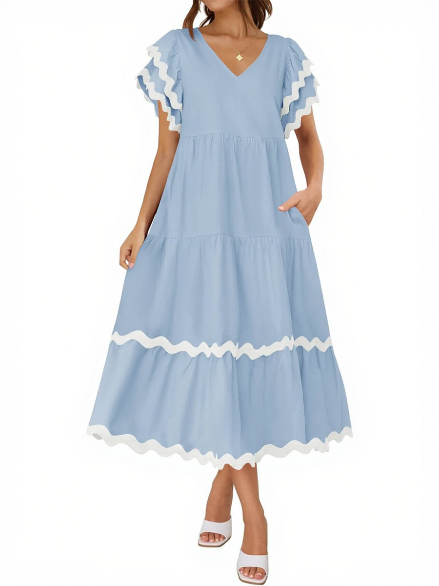 Women's V Neck Flutter Short Sleeve Tiered Long Dress