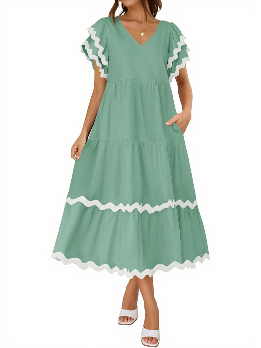 Women's V Neck Flutter Short Sleeve Tiered Long Dress