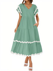 Women's V Neck Flutter Short Sleeve Tiered Long Dress