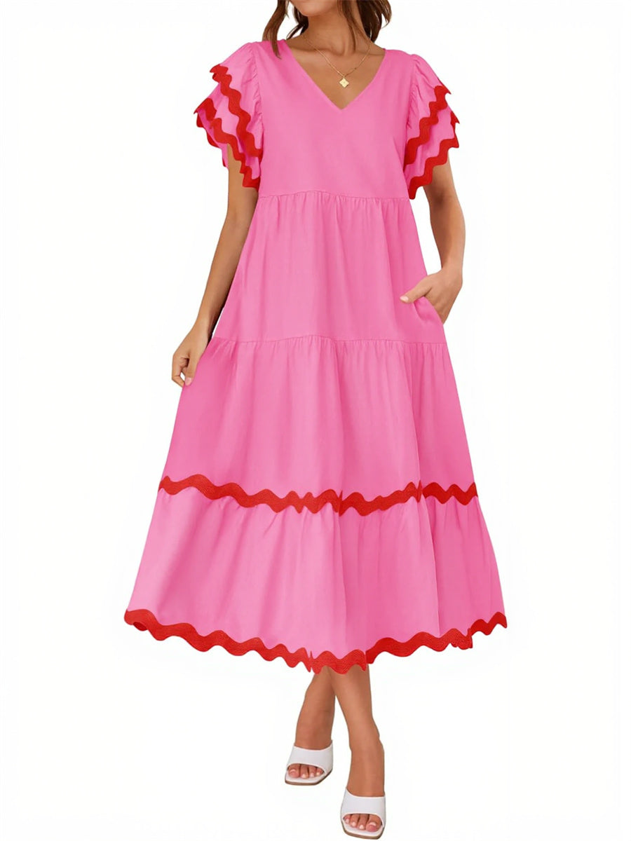 Women's V Neck Flutter Short Sleeve Tiered Long Dress