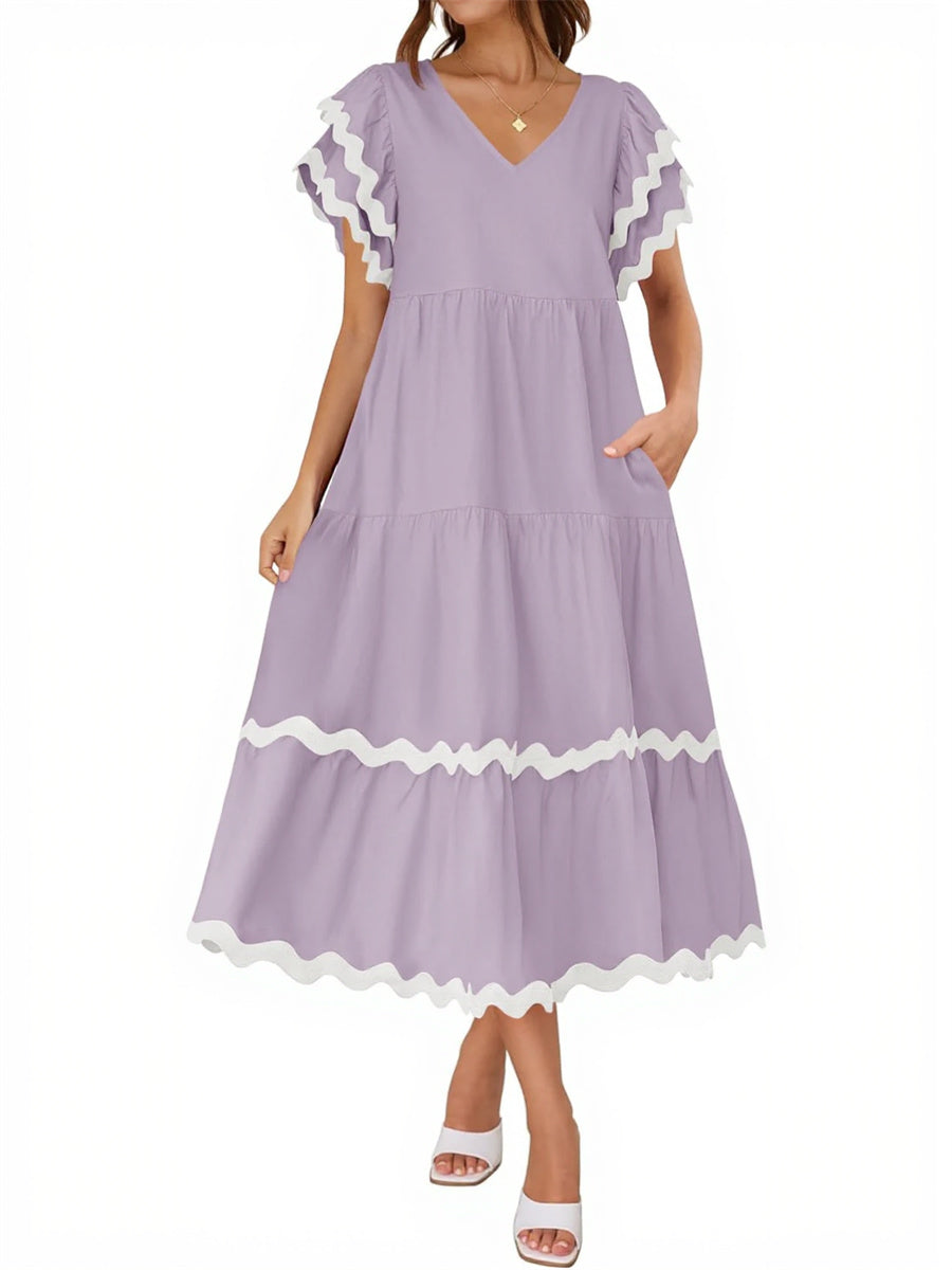 Women's V Neck Flutter Short Sleeve Tiered Long Dress