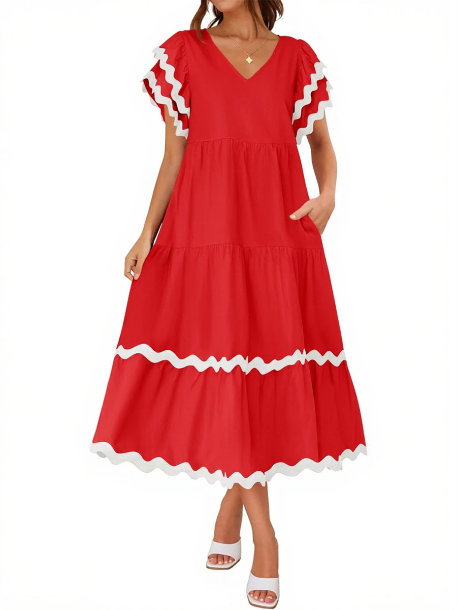Women's V Neck Flutter Short Sleeve Tiered Long Dress