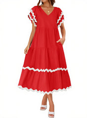 Women's V Neck Flutter Short Sleeve Tiered Long Dress