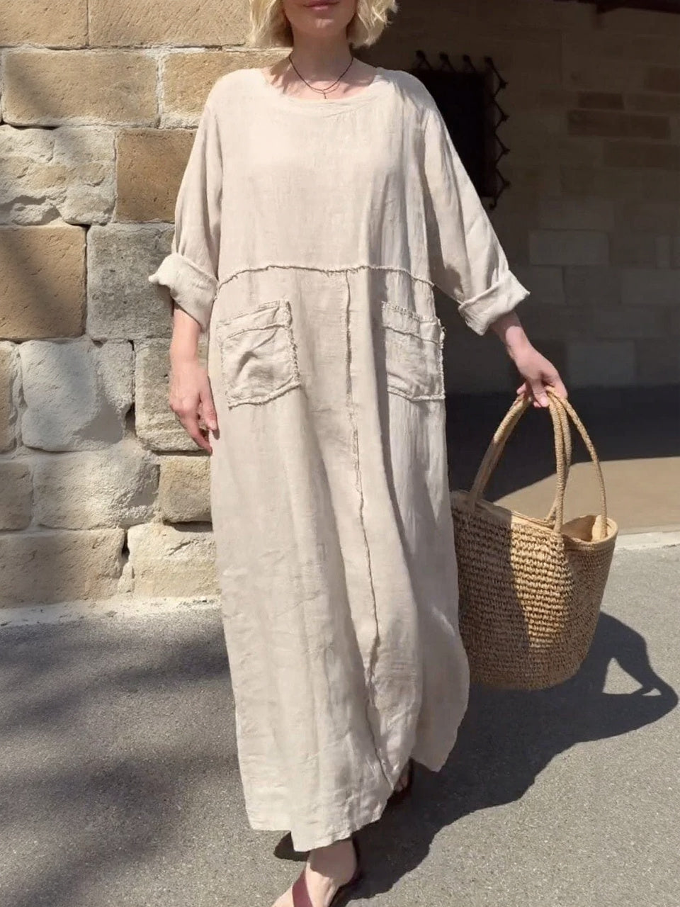 Round Neck Cotton and Linen Long Sleeve Casual Dress