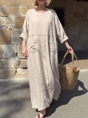 Round Neck Cotton and Linen Long Sleeve Casual Dress