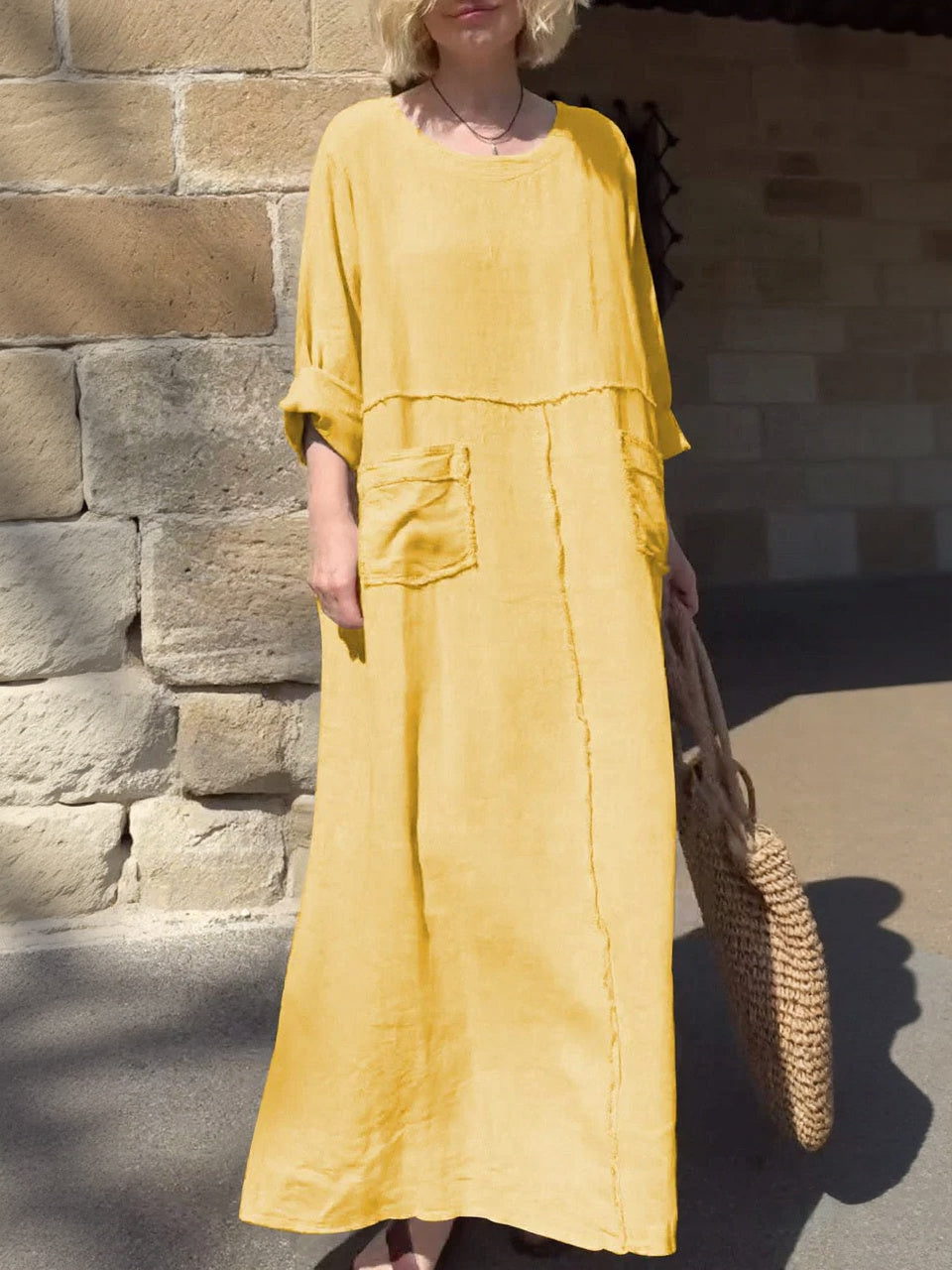 Round Neck Cotton and Linen Long Sleeve Casual Dress