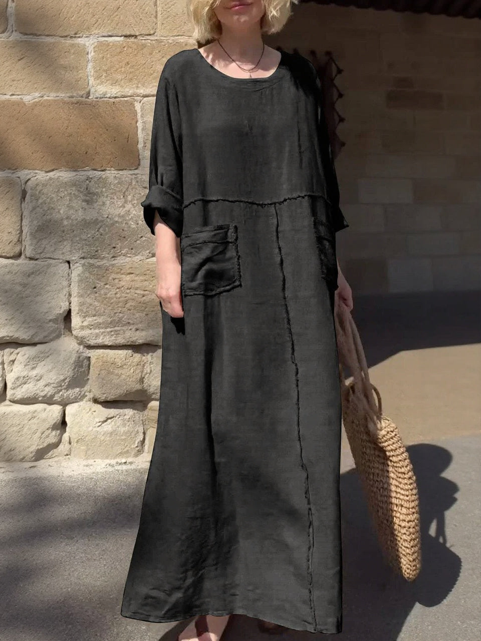 Round Neck Cotton and Linen Long Sleeve Casual Dress