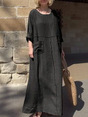 Round Neck Cotton and Linen Long Sleeve Casual Dress