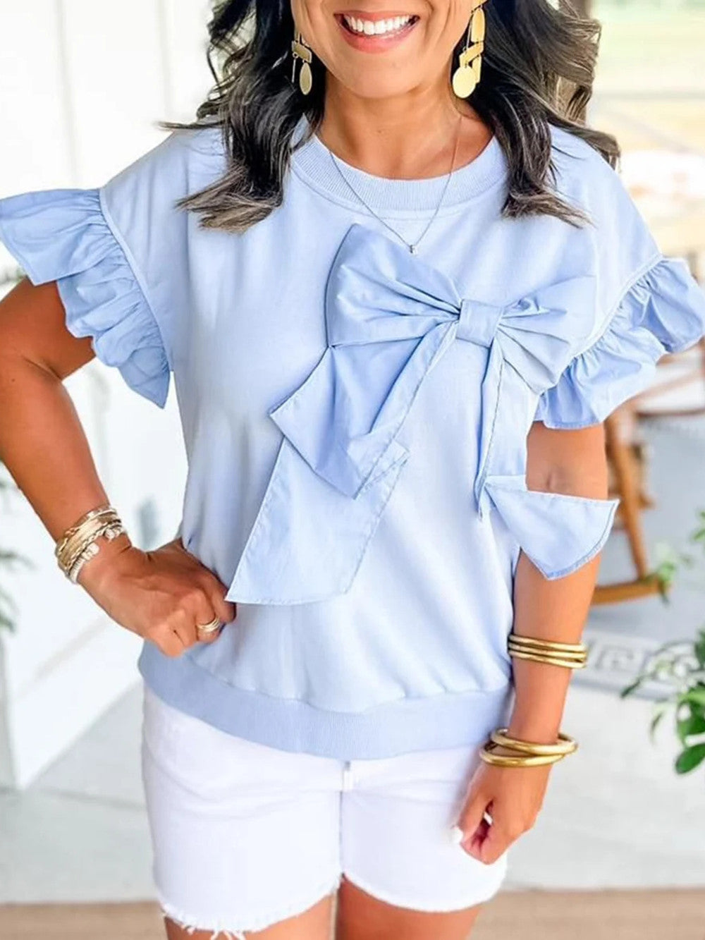 Women's Contrast Ribbon Bow Ruffle Sleeve Top