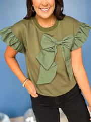 Women's Contrast Ribbon Bow Ruffle Sleeve Top