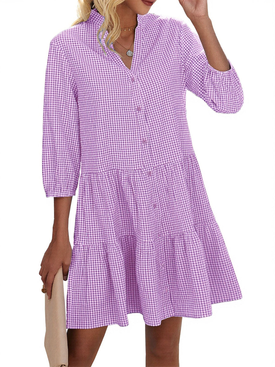 Women's Button Down 3/4 Sleeve Gingham Shirt Dress