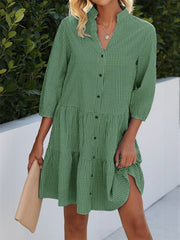 Women's Button Down 3/4 Sleeve Gingham Shirt Dress