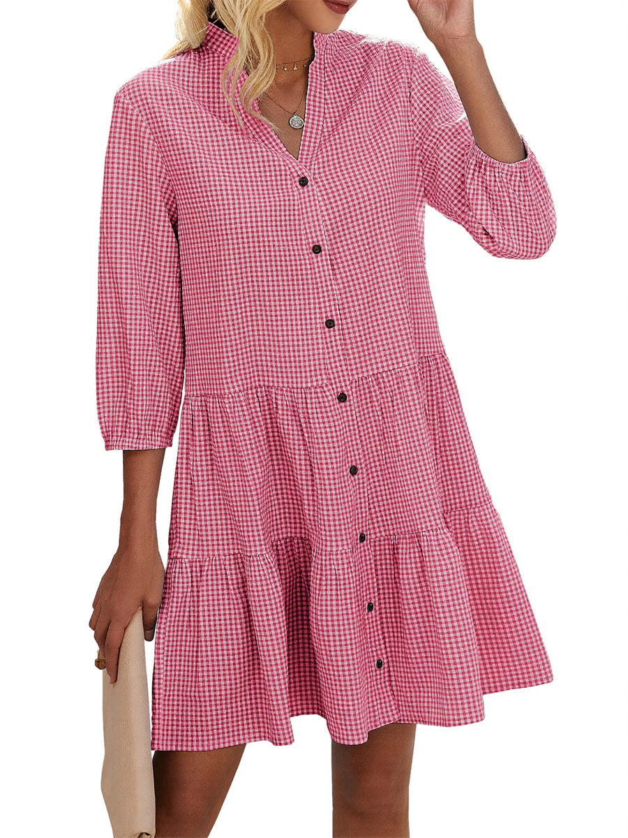 Women's Button Down 3/4 Sleeve Gingham Shirt Dress