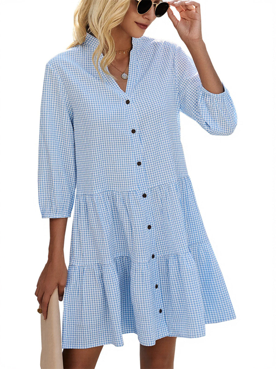 Women's Button Down 3/4 Sleeve Gingham Shirt Dress
