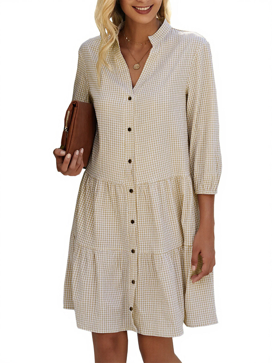 Women's Button Down 3/4 Sleeve Gingham Shirt Dress