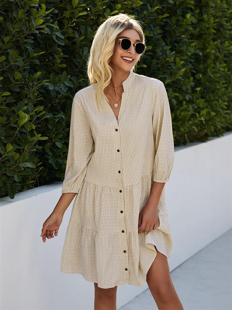 Women's Button Down 3/4 Sleeve Gingham Shirt Dress