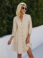 Women's Button Down 3/4 Sleeve Gingham Shirt Dress
