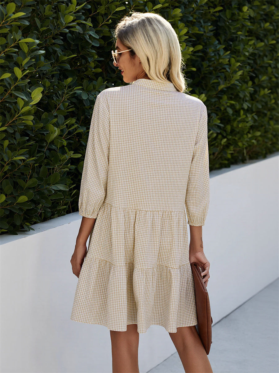 Women's Button Down 3/4 Sleeve Gingham Shirt Dress
