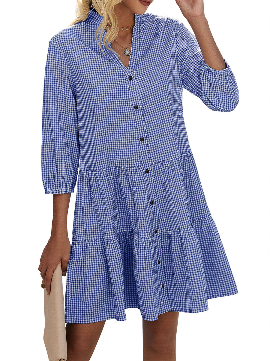 Women's Button Down 3/4 Sleeve Gingham Shirt Dress