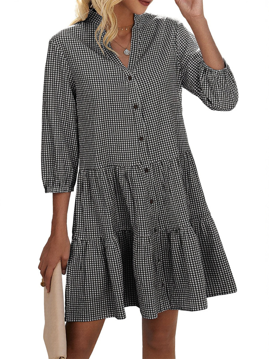Women's Button Down 3/4 Sleeve Gingham Shirt Dress
