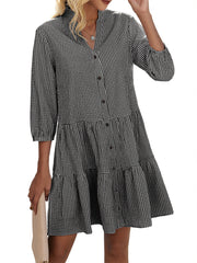 Women's Button Down 3/4 Sleeve Gingham Shirt Dress