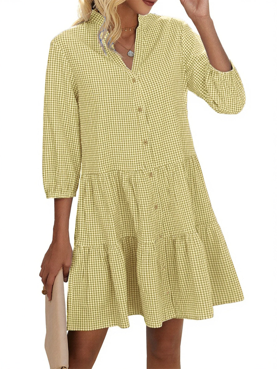 Women's Button Down 3/4 Sleeve Gingham Shirt Dress