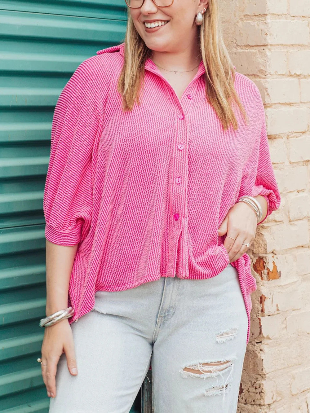 Women's Dolman Sleeves Ribbed Button Down Top