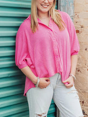 Women's Dolman Sleeves Ribbed Button Down Top