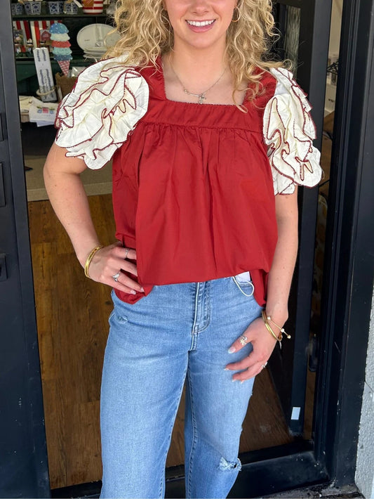 Women's Square Neck Ruffle Sleeve Top