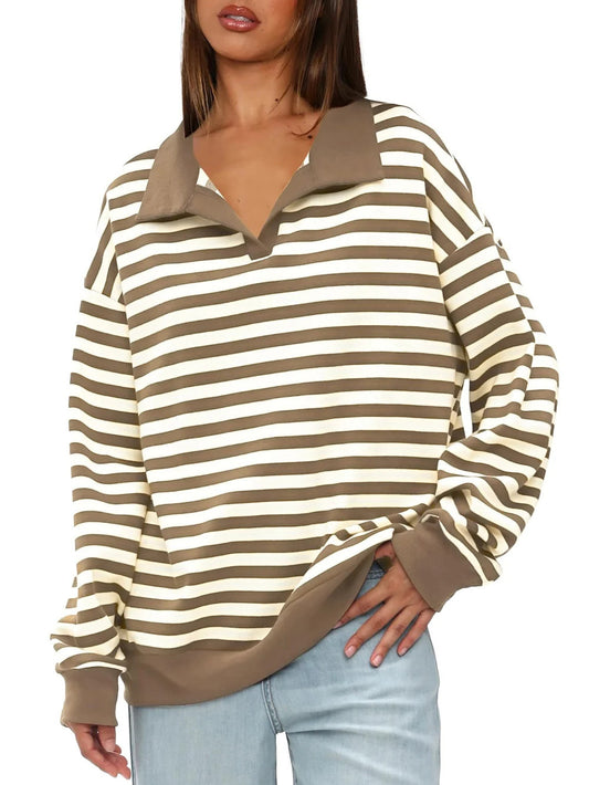 Women's Oversized Contrast Long Sleeve Striped Sweatshirts
